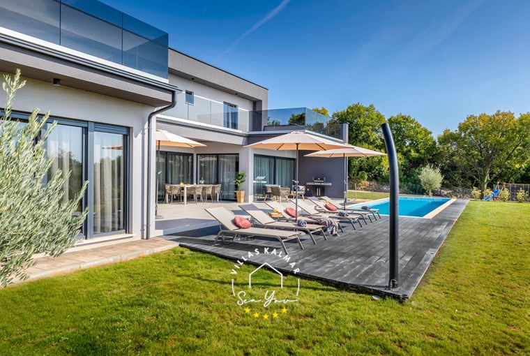 Private pool with sun loungers and outdoor shower