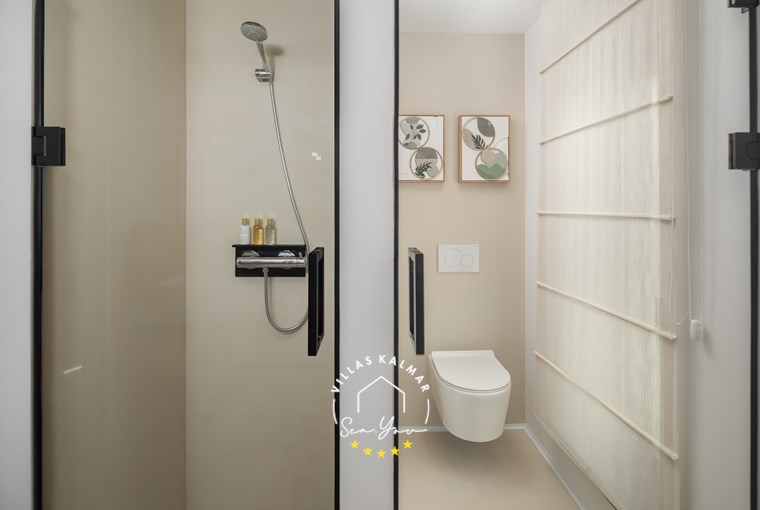 Luxury bathroom area with stylish shower and natural materials in our luxury villa with pool in Istria