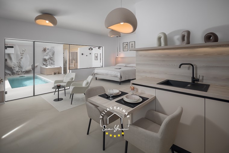 Modern kitchen and dining area in the wellness villa for two in Istria