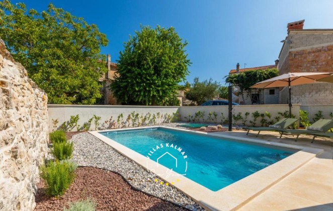 Outdoor area with private pool, sun loungers and parasols in villa in Central Istria