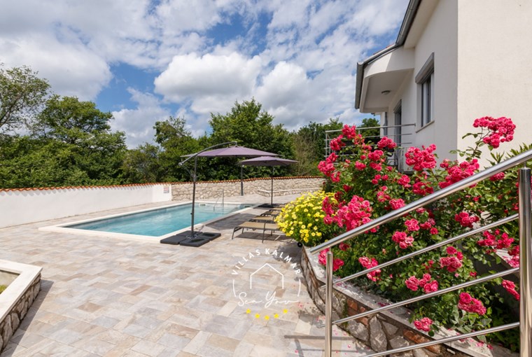 Outdoor area with flowers, private pool, sun loungers and parasols - Villa Modern House Ana with private pool