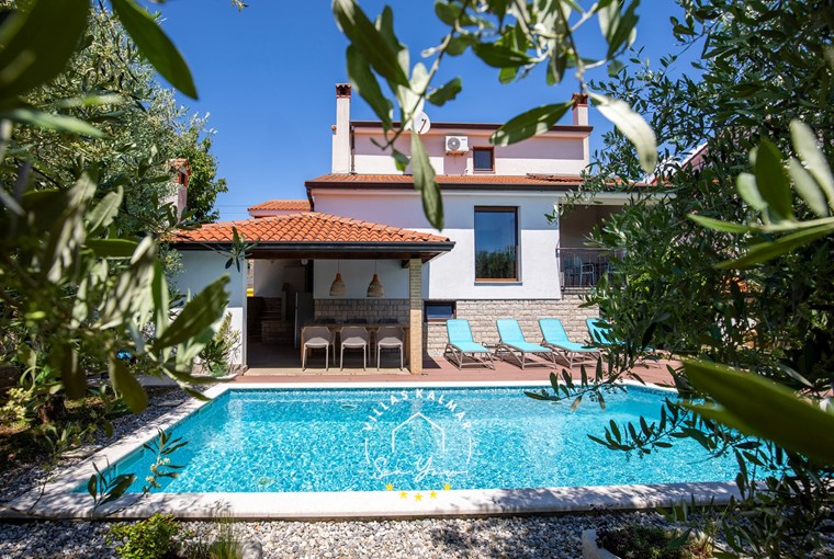 Peaceful Villa with private pool surrounded by greenery and sun loungers in Rogovici