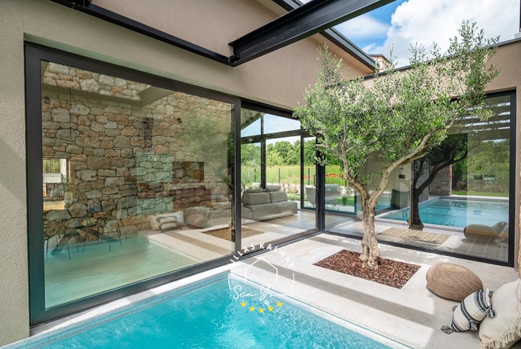 Private pool and olive tree of Villa with glass walls