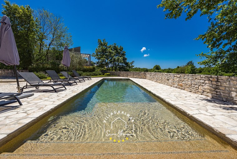 Privater Pool mit Sonnenliegen, umgeben von Bäumen