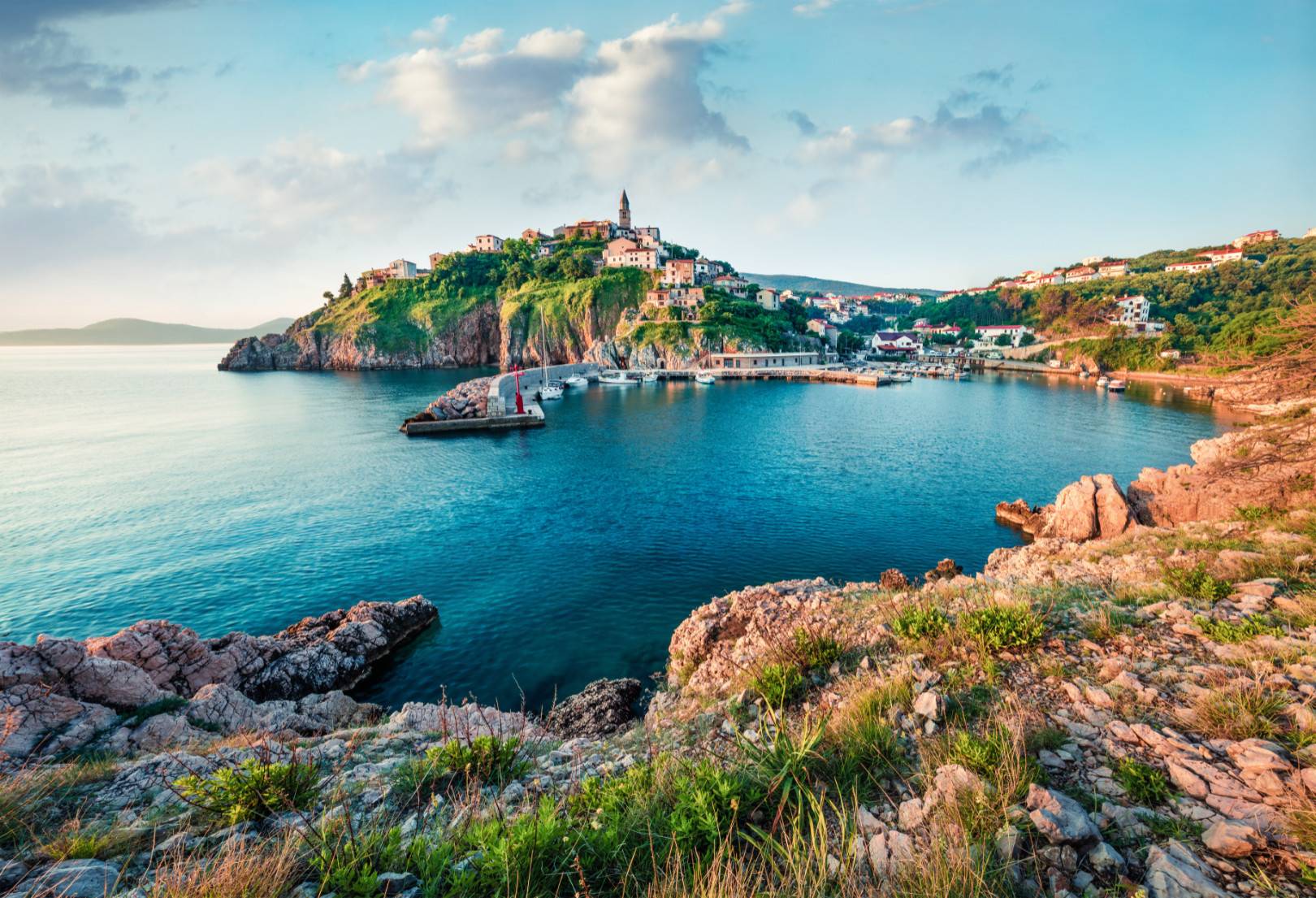 Sunset view over the beautiful town of Vrbnik in Croatia